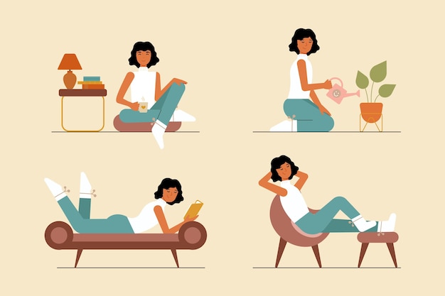 Vector ilustración de estilo de vida de hygge dibujado a mano plana con personas