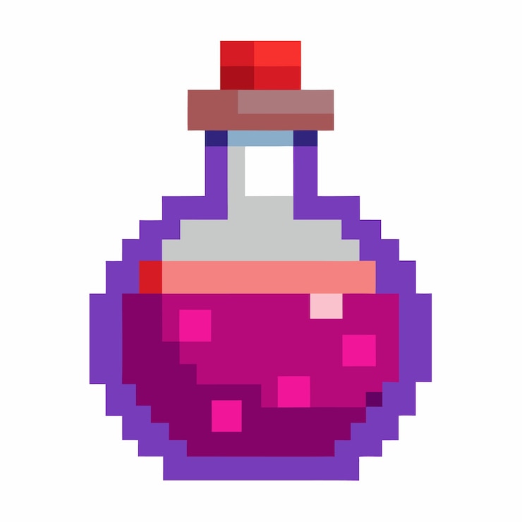 Vector ilustración de estilo de videojuego retro de la botella de poción púrpura de pixel art