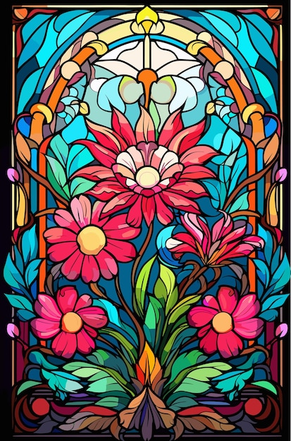 Ilustración en estilo vidriero con flores abstractas hojas y rizos imagen rectangular Ilustración vectorial