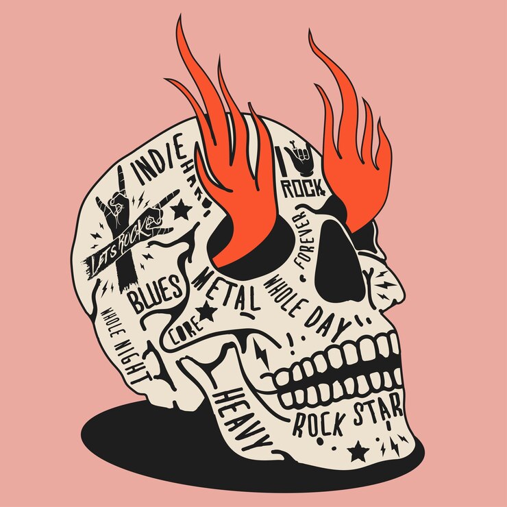 Ilustración de estilo vintage del cráneo con tatuajes temáticos de música rock para imprimir camisetas