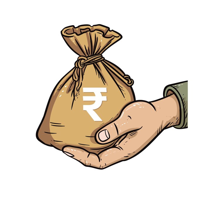 Ilustración de estilo vintage de una mano que sostiene una bolsa de rupia Bolsa de dinero en la mano
