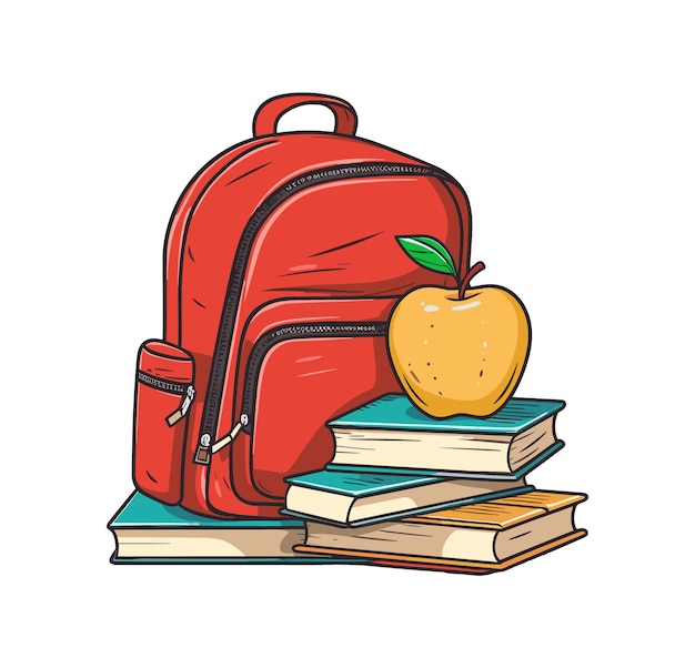 Ilustración de estilo vintage de manzana y libro de mochila escolar