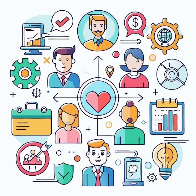 Ilustración de una estrategia comercial con un corazón en el centro rodeado de engranajes de personas y otros símbolos comerciales