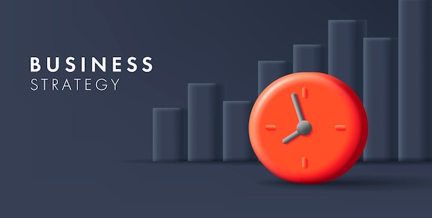 Ilustración de estrategia empresarial con gráfico de barras 3d y diseño de banner web de reloj rojo