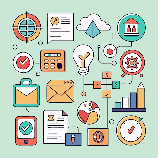 Ilustración de la estrategia de negocio con iconos como documento objetivo nube lista de comprobación de construcción calculadora bombilla engranaje correo gráfico de pastel gráfico teléfono candado globo y reloj