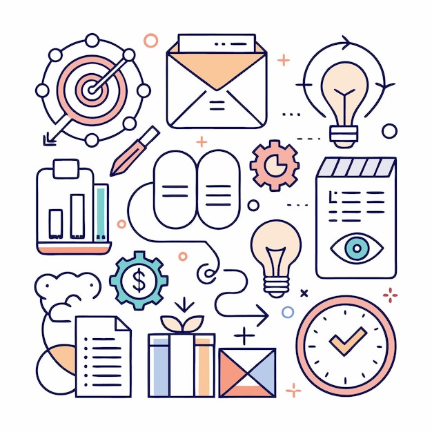 Ilustración de la estrategia y el proceso de negocio con íconos para la planificación, el establecimiento de objetivos, el análisis de la comunicación, la productividad y la generación de ideas