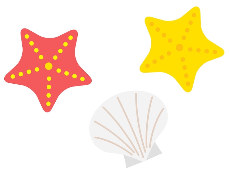 Vector ilustración de estrellas de mar rojas y amarillas y un marisco blanco