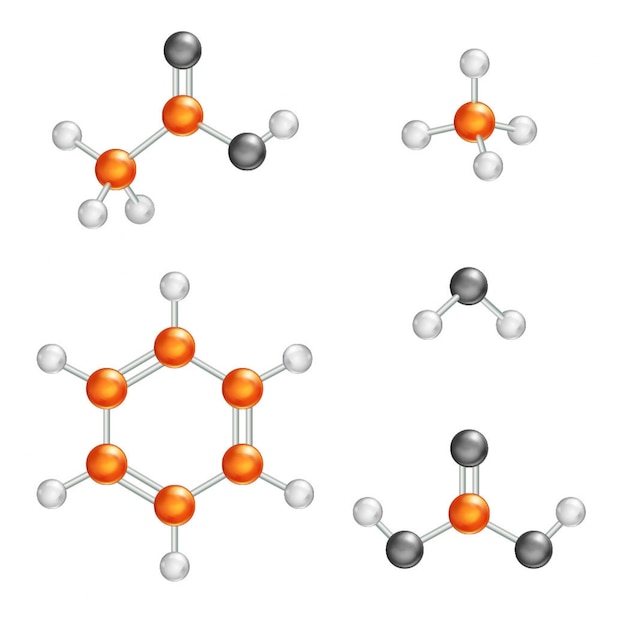 Ilustración de la estructura molecular, modelo de molécula de bola y palo