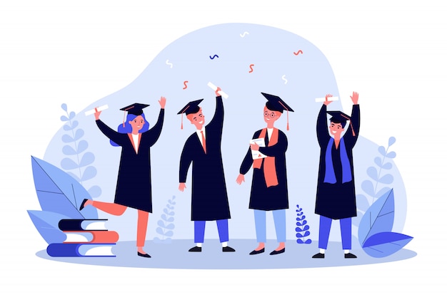 Vector ilustración de estudiantes graduados felices