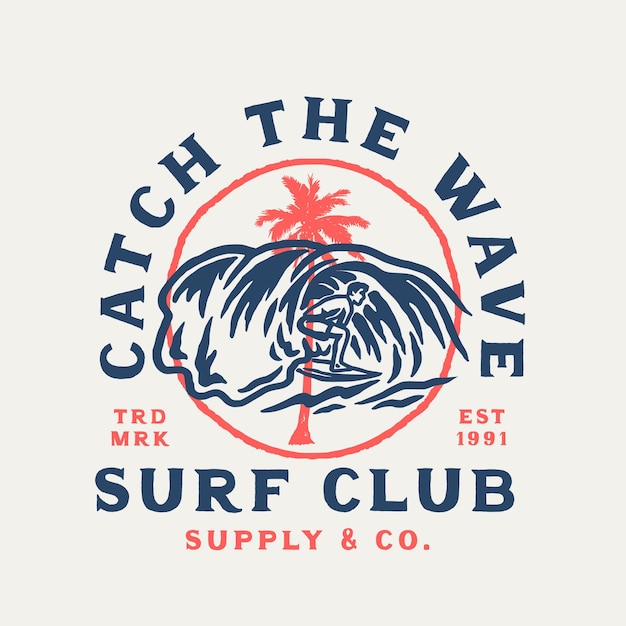 Ilustración de etiqueta de club de surf de sorteo de mano vintage