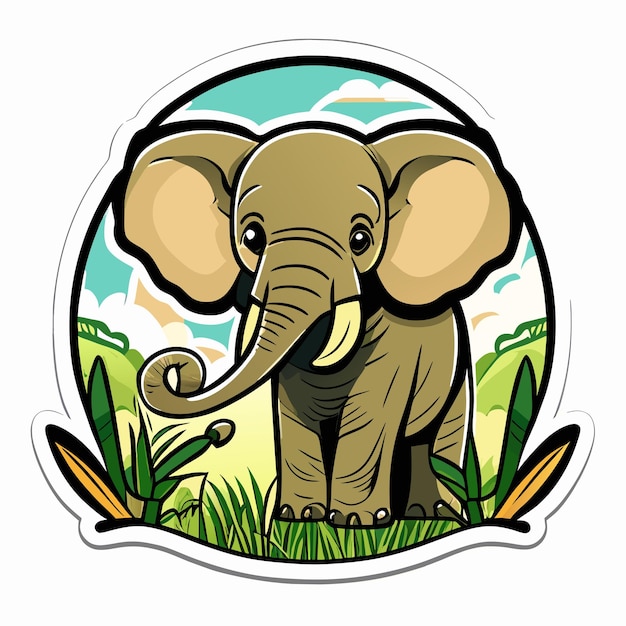 Vector ilustración de etiqueta engomada de elefante de bosque africano de dibujos animados