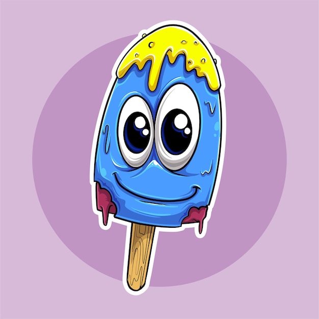 Vector ilustración de etiqueta de helado azul con gran sonrisa