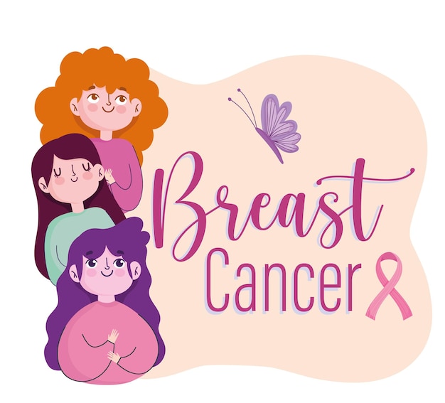 Ilustración de etiqueta de mariposa de cinta de texto de dibujos animados de mujeres de grupo de cáncer de mama