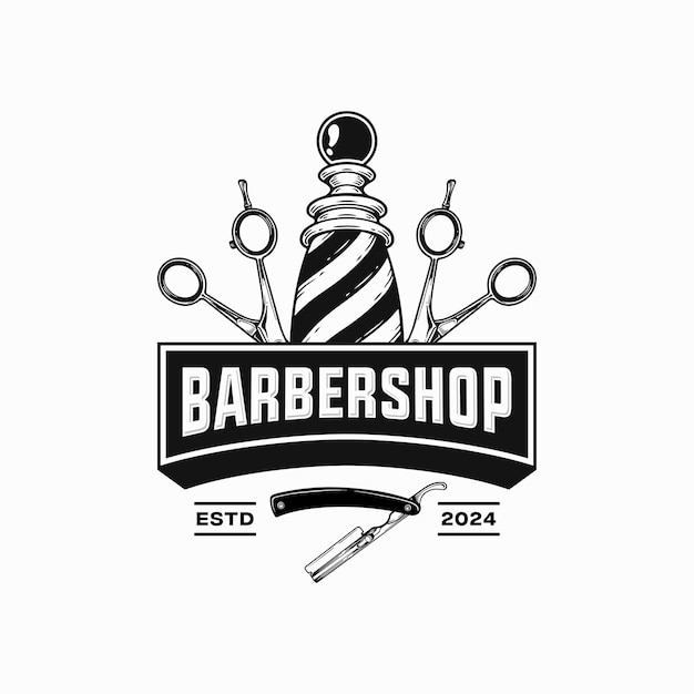 Ilustración de etiquetas antiguas para barbería Concepto de diseño de logotipo de insignia