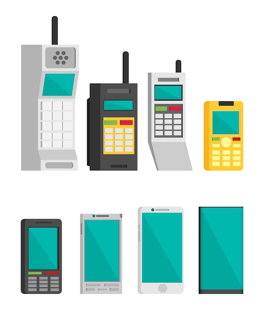 Ilustración de la evolución del teléfono celular Vector plano