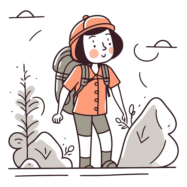 Ilustración de una excursionista con una mochila y una gorra