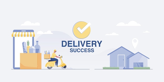 Ilustración de éxito de entrega Servicio de entrega a domicilio de los clientes en scooter. ilustración vectorial