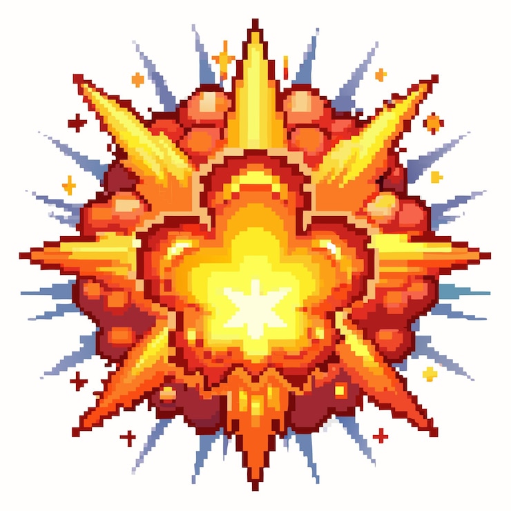 Vector ilustración de la explosión de pixel art explosión de fuego brillante con energía dinámica
