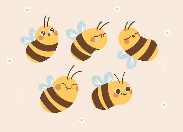 Ilustración de la expresión de la abeja bonita Colección de caracteres Estilo vectorial plano aislado