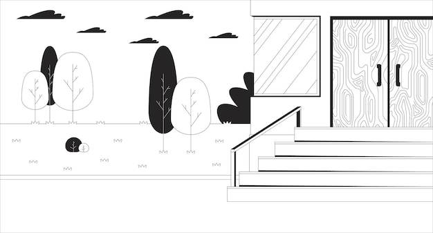 Ilustración exterior de líneas blancas y negras del edificio de escaleras