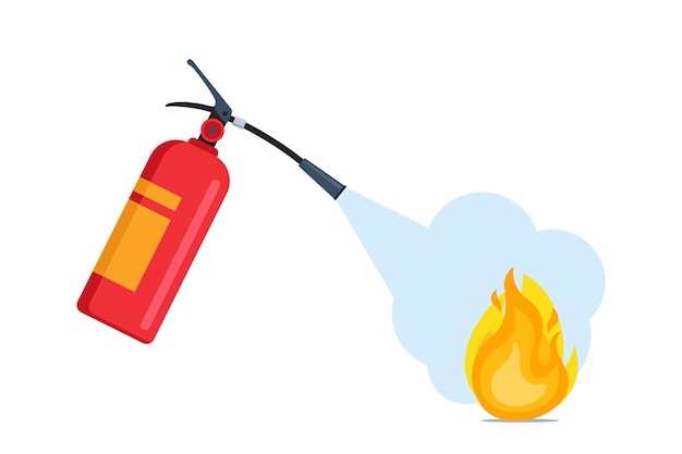 Ilustración de extinción de incendios Manos sosteniendo derrames de espuma de extintor de incendios rojo autónomo
