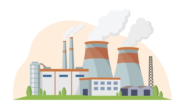 Ilustración de una fábrica industrial con chimeneas y torres de refrigeración Ilustración vectorial