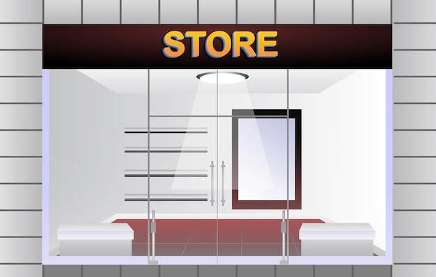 Vector ilustración de la fachada de la tienda con ventanas y puertas de vidrio.