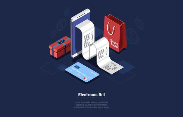 Ilustración de factura electrónica. composición en estilo de dibujos animados 3d.