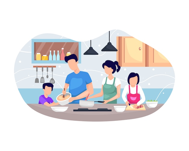 Ilustración familia cocinando juntos