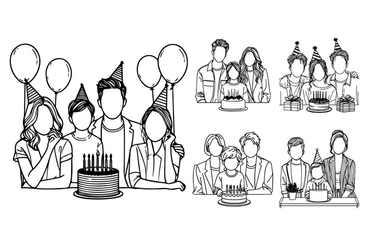 Vector ilustración de una familia feliz con un pastel de cumpleaños en estilo de arte en línea