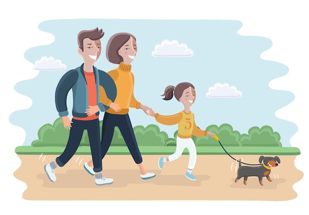 Vector ilustración de una familia jugando con su perro