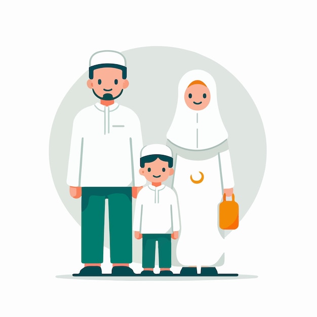 Ilustración de una familia musulmana en un estilo de diseño plano