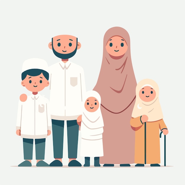 Ilustración de una familia musulmana en un estilo de diseño plano