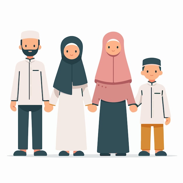 Ilustración de una familia musulmana en un estilo de diseño plano