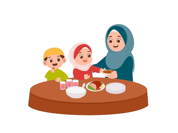 Ilustración de la familia musulmana Iftar Ramadán