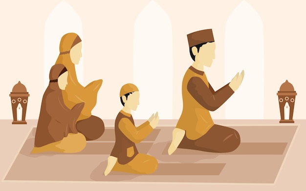 Ilustración de la familia musulmana rezando juntos
