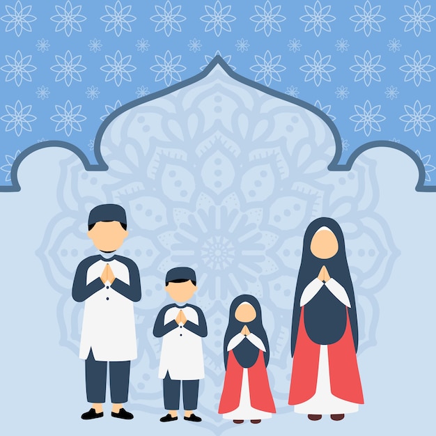 Ilustración de una familia musulmana saludando a eid mubarak