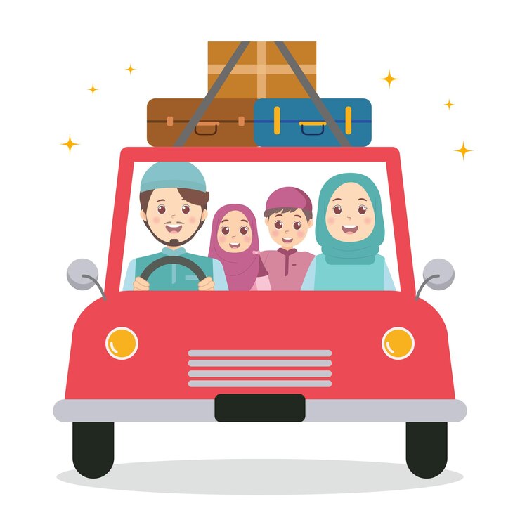 Ilustración Familia musulmana viaja en coche y mudik