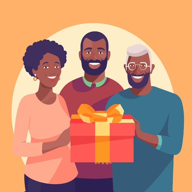 Ilustración de una familia negra sonriente sosteniendo una caja de regalos concepto de personas afroamericanas