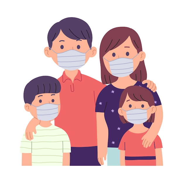 Vector ilustración de una familia, padre, madre y dos niños con mascarillas