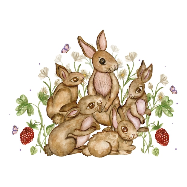 Vector ilustración familiar de conejitos de acuarela conejos de pascua marrones en un prado de frambuesa y margarita