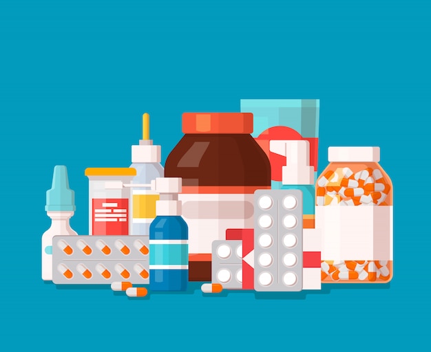 Ilustración farmacéutica de botellas médicas y píldoras sobre fondo azul.