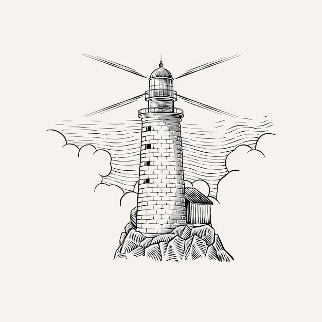 Ilustración de faro aislado en blanco y negro en estilo de grabado