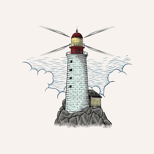 Ilustración de faro aislado de colores en estilo de grabado