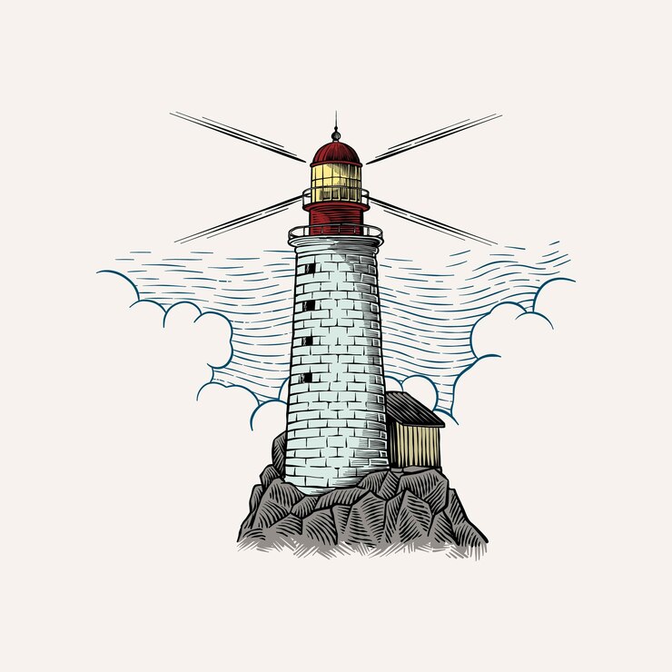 Vector ilustración de faro aislado de colores en estilo de grabado