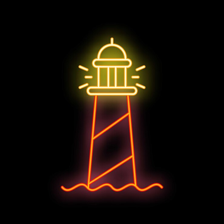 Vector ilustración de un faro de neón que emite un haz de luz por la noche