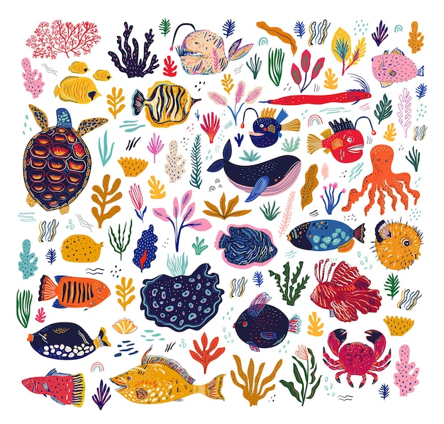 Ilustración fascinante con peces, rape, ballenas, pulpos, tortugas y cangrejos