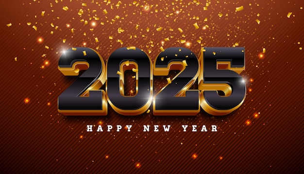 Ilustración de Feliz Año Nuevo 2025 con letras de tipografía 3D y diseño navideño de confeti dorado