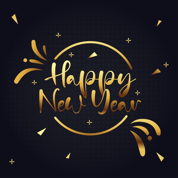Ilustración de Feliz Año Nuevo con letras tipográficas y bola de Navidad en fondo oscuro