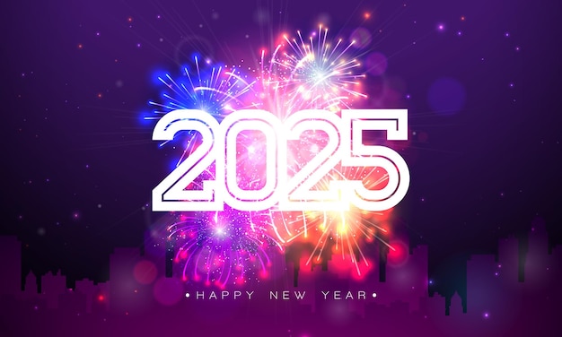 Ilustración de feliz año nuevo con número blanco y fuegos artificiales en el diseño de vacaciones de fondo azul de la noche